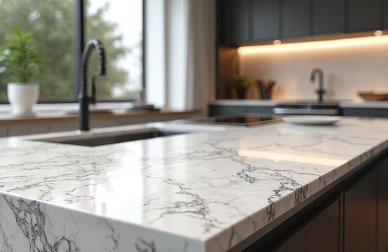 Modern kitchen features calacatta quartz countertop with prominent grey veining. Sleek black sink faucet, induction cooktop complement elegant white stone surface. Interior design trends include