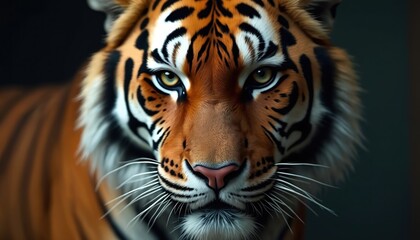 Fototapeta premium Tiger face portrait close up showing detailed fur and piercing eyes. Animal shows power and wild nature. This big cat stares intensely into camera with calm expression.