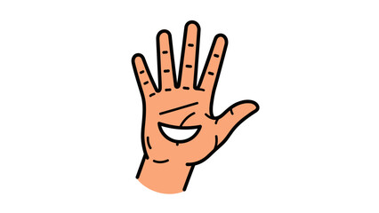 A cartoon illustration of a human hand with palm lines, one of which forms a smiling face, on a white background.