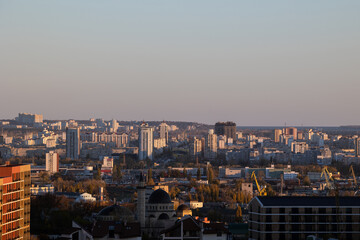 Kyiv cityscape view towards Obolon district and Kyiv Reservoir water