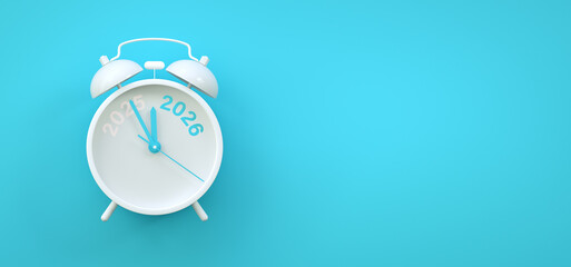 Vinatge Alarm clock turning 2025 into 2026 shows the New Year countdown of time transition, future planning, celebration and year end change while 2025 fading away