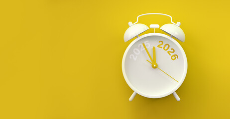 Vinatge Alarm clock turning 2025 into 2026 shows the New Year countdown of time transition, future planning, celebration and year end change while 2025 fading away