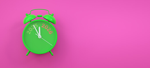 Vinatge Alarm clock turning 2025 into 2026 shows the New Year countdown of time transition, future planning, celebration and year end change while 2025 fading away