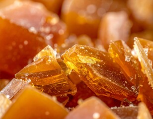 Close-up view of golden-brown translucent crystals, possibly rock candy or resin, with a sugary texture and warm lighting.
