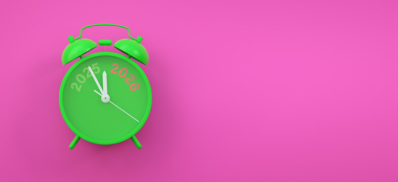 Vinatge Alarm clock turning 2025 into 2026 shows the New Year countdown of time transition, future planning, celebration and year end change while 2025 fading away