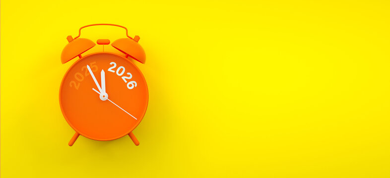 Vinatge Alarm clock turning 2025 into 2026 shows the New Year countdown of time transition, future planning, celebration and year end change while 2025 fading away