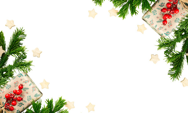 PNG iamge of Festive christmas border design featuring green fir branches small wooden stars and wrapped gifts with red berries on transparent background with copyspace for text