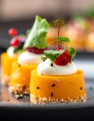 Row of vibrant orange mini desserts topped with white cream, red berries, and green garnish on a dark plate.