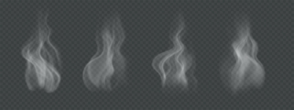 Hot steam and smoke PNG elements. Realistic semi transparent vapor from food, tea, coffee