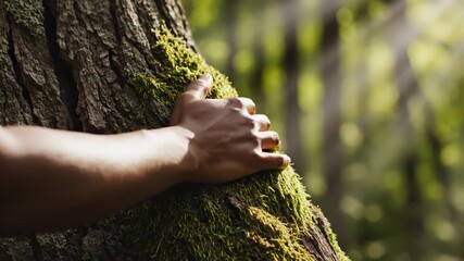 Hand embracing tree trunk in forest, concept of nature, meditation, self-discovery  