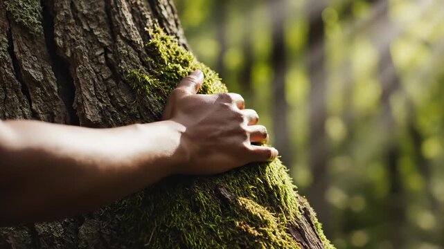 Hand embracing tree trunk in forest, concept of nature, meditation, self-discovery  
