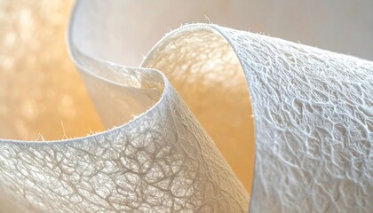 Close-up view of a light-colored, textured material with soft folds and crinkled surface details.