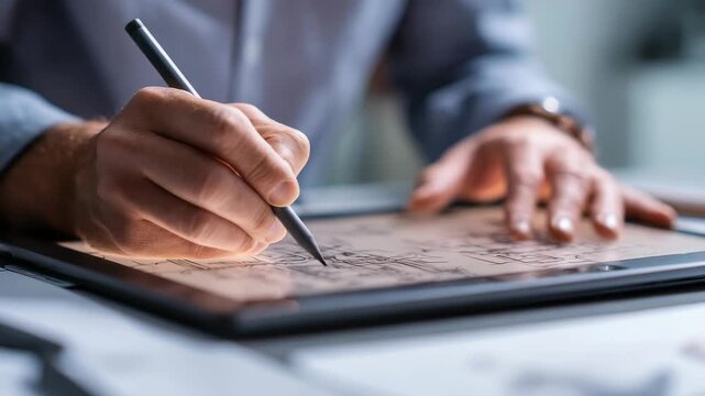 Focused hand sketching detailed blueprints on a digital tablet, showcasing advanced technology in architecture. Modern workspace highlights digital transformation in creative industries
