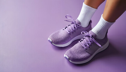 Pair of lilac sneakers with white socks rests on purple backdrop. Minimalist athletic footwear for active lifestyle, gym training, or fashion wear.