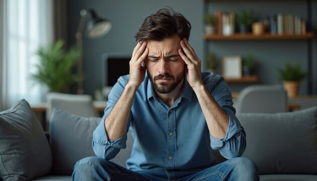 Young man sits on couch, clutches head, looking stressed and worried. He has problems, feels pain and anxiety. Needs help with mental health issues, work pressure or life crisis.