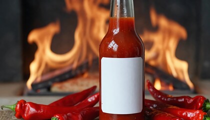 Hot Sauce Bottle with Chili Peppers &ndash; Fiery Culinary Concept Featuring Flames and Blank Label for Branding
