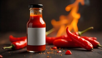 Hot Sauce Bottle with Chili Peppers &ndash; Fiery Culinary Concept Featuring Flames and Blank Label for Branding