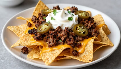 Loaded Nachos with Cheese and Beef &ndash; Crispy Tortilla Chips Topped with Jalape&ntilde;os, Sour Cream, and Cilantro