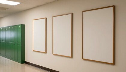 School Hallway with Green Lockers &ndash; Empty Bulletin Boards on Beige Wall and Polished Floor