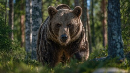 Brown bear walking through summer forest in sunlight