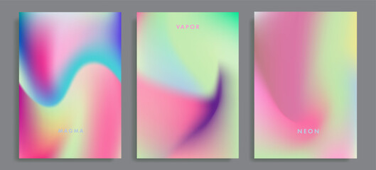 Fototapeta premium Abstract vector posters display soft blurred gradients with fluid organic shapes in neon hues of blue, green, pink, purple, and yellow. Futuristic neon and holographic gradient designs.