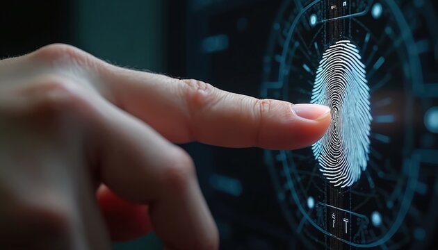 Person uses fingerprint scanner for secure access. Finger touches screen activating biometric authentication. Digital identity verification system identifies user via unique pattern.