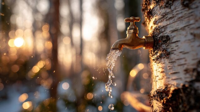 Brass tap inserted into birch tree collecting sap in spring forest at sunset