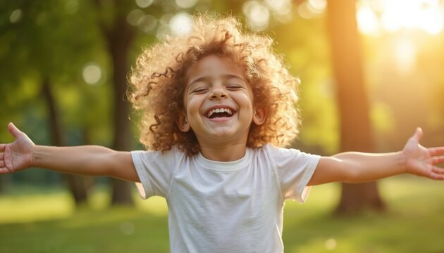 Young child with curly hair laughs with eyes closed, arms outstretched in a sunny park. Carefree kid feels joy and freedom while embracing nature and warm light.
