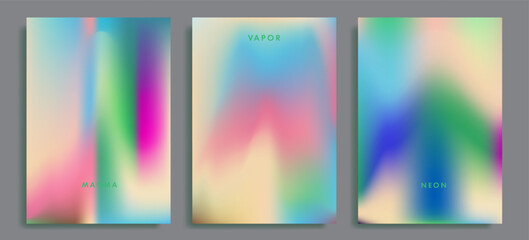Fototapeta premium Abstract vector posters display soft blurred gradients with fluid organic shapes in neon hues of blue, green, pink, purple, and yellow. Futuristic neon and holographic gradient designs.
