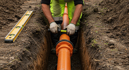 Worker in a trench connecting two large pipes for an underground utility. Concept of plumbing and civil infrastructure.