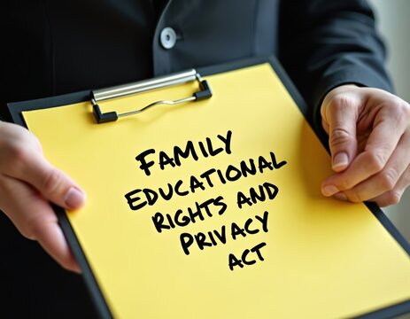 Person holds yellow paper with text Family Educational Rights and Privacy Act. Important legal document about student data protection. Education privacy law compliance.
