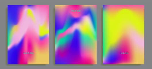 Fototapeta premium Vibrant abstract vector posters feature soft blurred gradients with fluid, wave-like organic shapes in neon colors of pink, purple, blue, cyan, and yellow. Vaporwave aesthetics, neon gradient design.