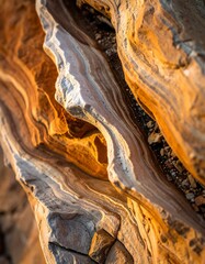 Close-up of intricate layered rock formations displaying warm earthy tones and natural geological textures.