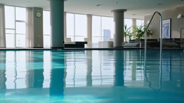 A luxurious indoor pool reflects the sunny exterior in the glass, inviting relaxation