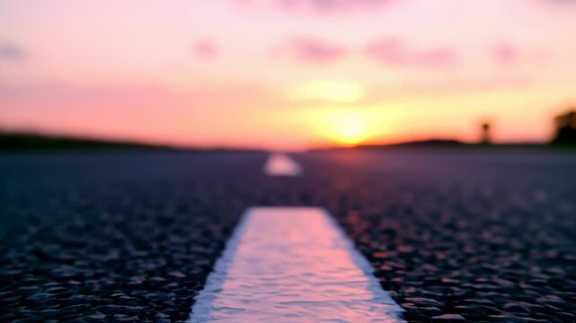 Low-angle view of a road with white line at sunset, sun obscured. Black asphalt. Pink and orange sky