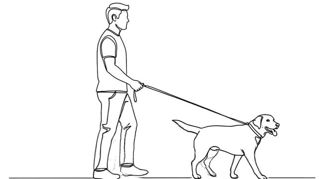 Continuous linear drawing of a man walking with a dog
