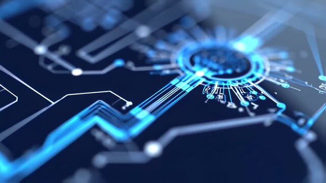 A digital circuit board in blue with glowing lines and a central, circular pattern. Focus on details