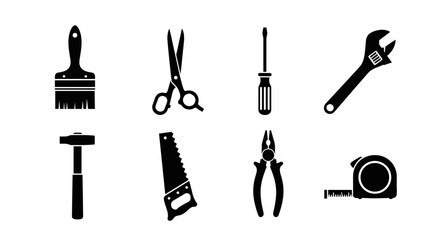 Obraz premium Tools outline icons with adjustable wrench pliers measuring tape hammer paint brush saw