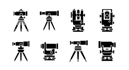 Surveying instruments on tripods meticulously arranged in a technical monochrome layout