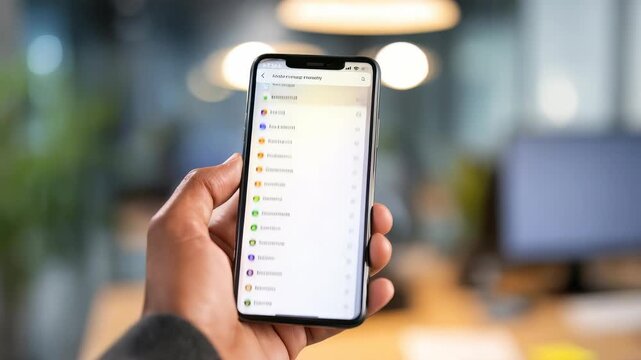A person interacts with a smartphone, navigating the settings menu in a contemporary office environment. The image highlights technology use and digital connectivity in daily life
