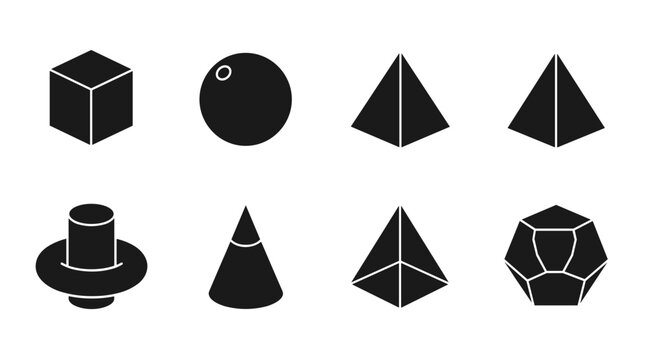 Geometric shapes: Cube sphere pyramids cylinder with toroid cone tetrahedron icosahedron