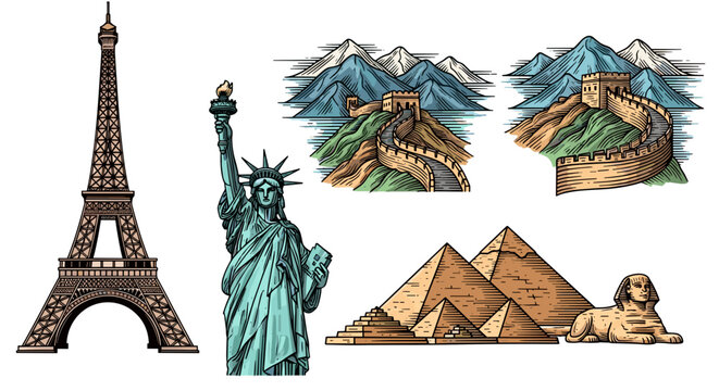 Illustrations of famous world landmarks: Eiffel Tower Liberty Statue Great Wall Pyramids