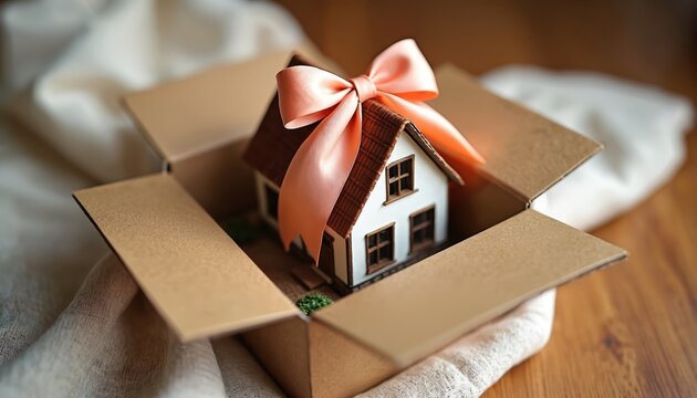 Miniature house in cardboard box tied with pink bow. Ideal for real estate, housewarming gifts, or new home celebrations. Small model building for gift giving.