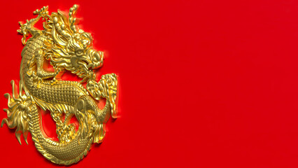 Fototapeta premium Golden Chinese Dragon Emblem on Red Background 3d render.