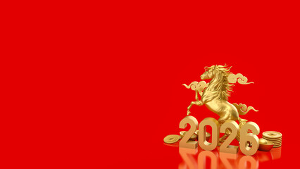 Golden Horse and 2026 Lunar New Year Prosperity Scene 3d render.