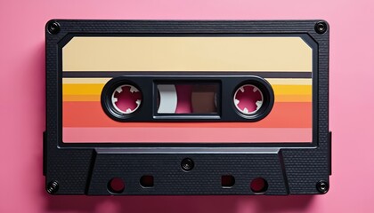 Obraz premium Retro cassette tape with colorful stripes on pink background. This analog music carrier represents audio, sound, and pop culture from the past.