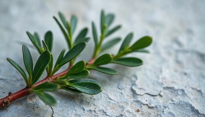 Obraz premium Close-up of green succulent branch with small oval leaves growing on rough textured surface. Minimalist nature detail, macro plant texture, organic form, garden element.
