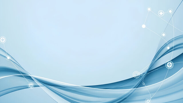 Abstract Blue Medical Background with Network Lines, Symbols, and Wave. Ideal for hospital brochures, medical insurance banners, PowerPoint presentations, and digital health interfaces.