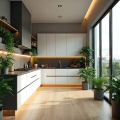 Naklejka premium Modern L-shaped kitchen with white cabinets, dark grey countertops, wooden floor. Abundant green plants add life to minimalist interior, illuminated by warm LED strip lights, natural light from large