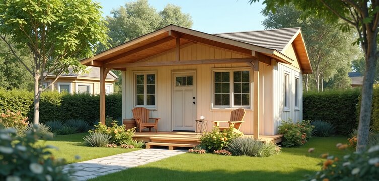 Small single-story house with porch painted white ADU dwelling unit. Backyard bungalow suite. Fresh green grass lawn, wooden chairs. Garden flowers bloom.